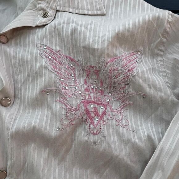 Y2K Cream Striped Button-up Shirt with Pink Embroidered Details - Picture 3 of 6